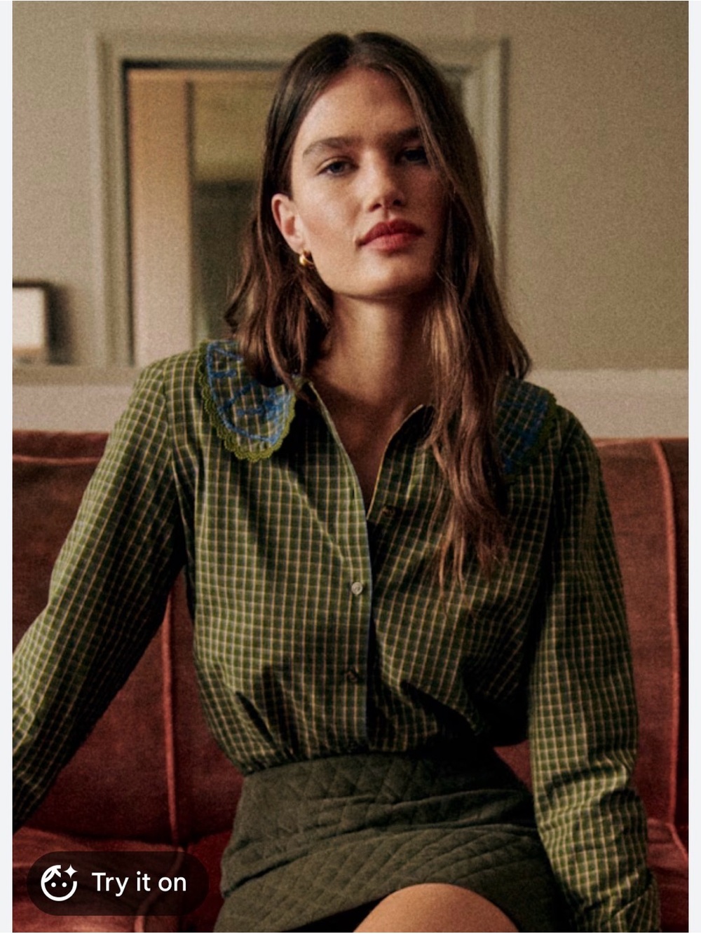 Sezane Thomy Olive Green Plaid Checked Button-Down Size 36